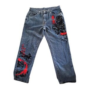 Romwe Graphic Dragon Print Straight Leg Baggy Jeans XL US 42 Inseam 29"